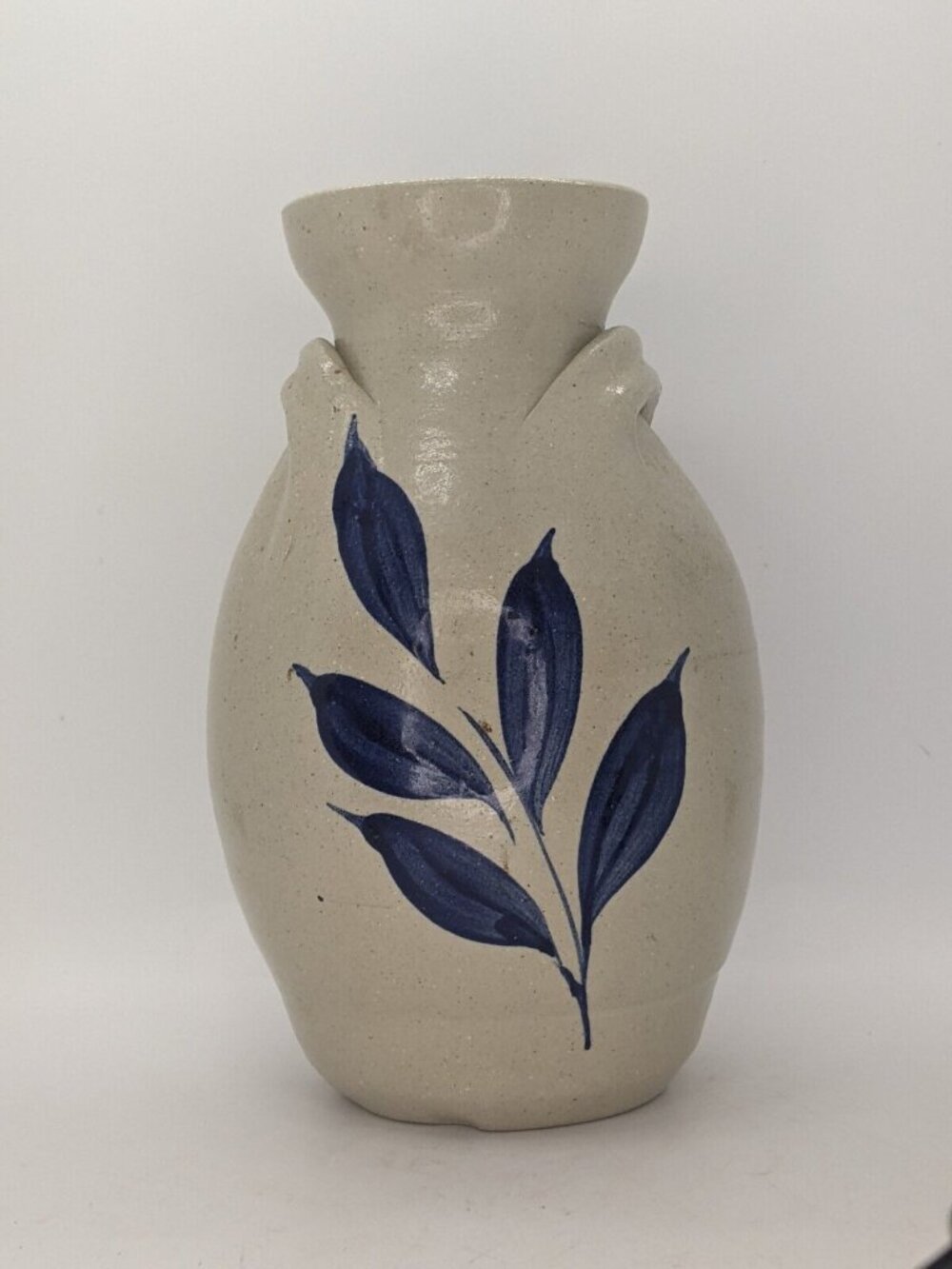 Williamsburg Pottery Handled Pot Vase Stoneware Salt Glazed Blue Floral Leaf 8"